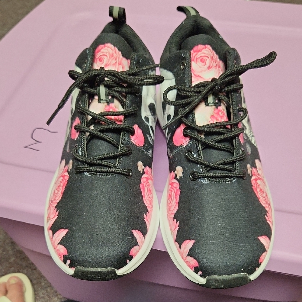 Floral Skull Black and Pink Sneakers